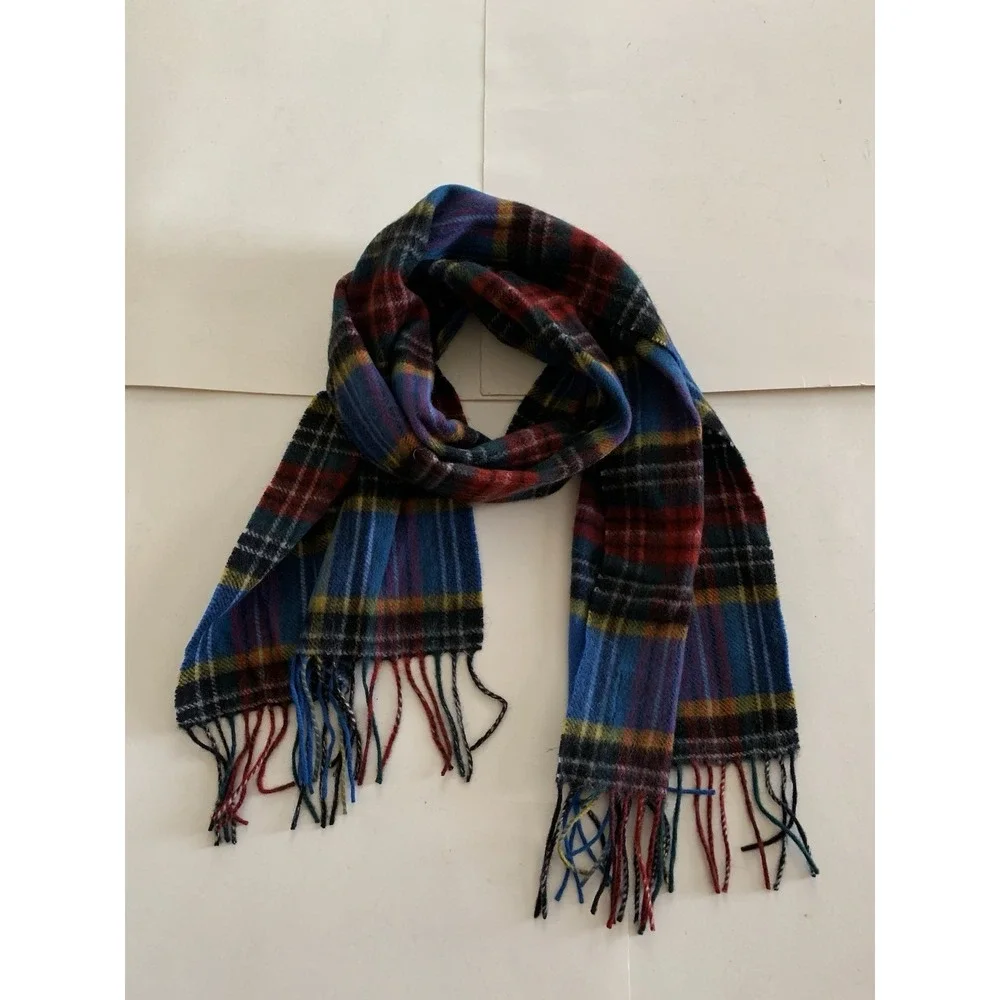 Clans Scotland 100% Lambswool Tartan Plaid Scarf Blue Red Wool Fringe 58